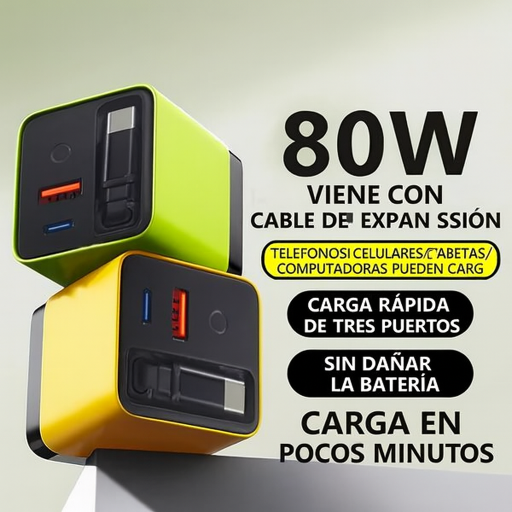 Cargador Retráctil 3 en 1 — Potencia Máxima 80 W, Carga Súper Rápida